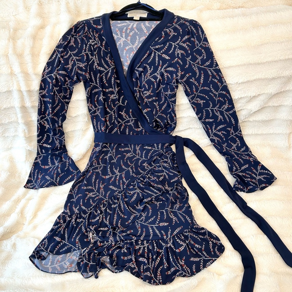 Michael Kors Navy Wrap Dress with Leaf Pattern